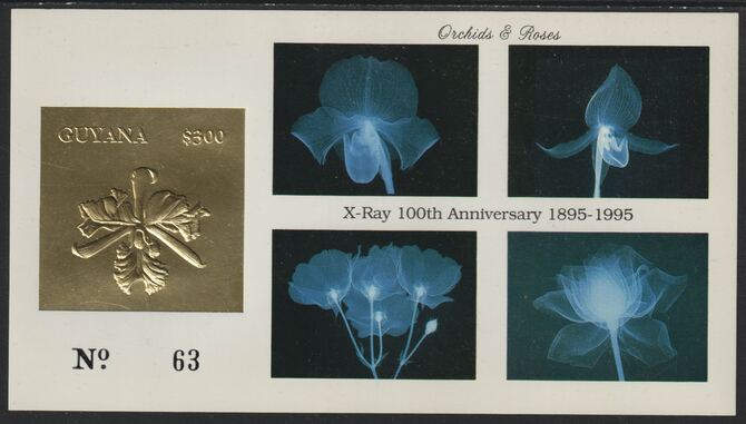 Guyana 1995 Centenary of X-Rays - Orchids imperf deluxe sheet embossed in gold foil on glossy card, unmounted mint and numbered from a limited printing, stamps on , stamps on  stamps on orchids, stamps on  stamps on x-rays, stamps on  stamps on science