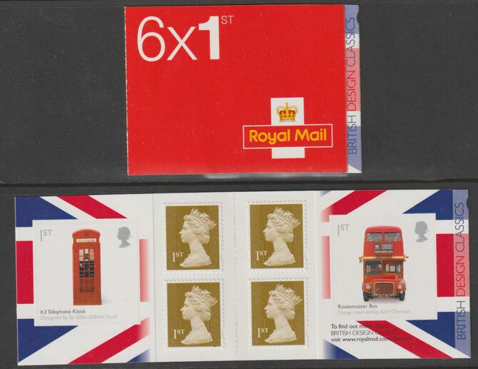 Great Britain 2009 British Design Classics Booklet with 4 x 1st class definitives plus Telephone Kiosk & Routemaster Bus stamps SG PM16, stamps on telephones, stamps on .communications.buses, stamps on london