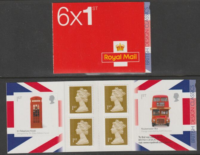 Great Britain 2009 British Design Classics Booklet with 4 x 1st class definitives plus Telephone Kiosk & Routemaster Bus stamps SG PM16, stamps on telephones, stamps on .communications.buses, stamps on london