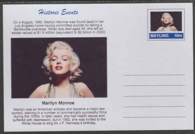Mayling (Fantasy) Historic Events - Death of Marilyn Monrioe - glossy postal stationery card unused and fine, stamps on personalities, stamps on movies, stamps on films, stamps on cinema, stamps on marilyn