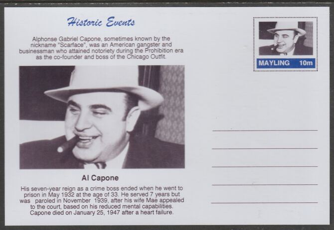 Mayling (Fantasy) Historic Events - Al Capone - glossy postal stationery card unused and fine, stamps on , stamps on  stamps on personalities, stamps on  stamps on mafia, stamps on  stamps on capone