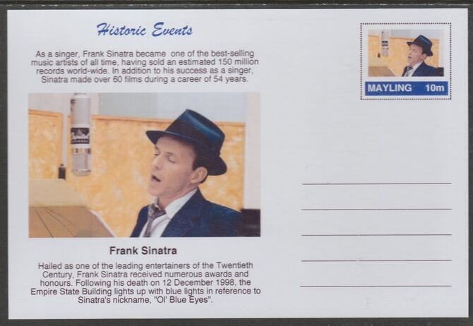 Mayling (Fantasy) Historic Events - Death of Frank Sinatra - glossy postal stationery card unused and fine, stamps on , stamps on  stamps on personalities, stamps on  stamps on movies, stamps on  stamps on films, stamps on  stamps on cinema, stamps on  stamps on sinatra