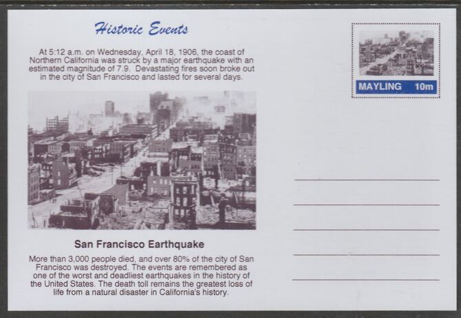 Mayling (Fantasy) Historic Events - San Francisco Earthquake - glossy postal stationery card unused and fine, stamps on earthquakes, stamps on disasters