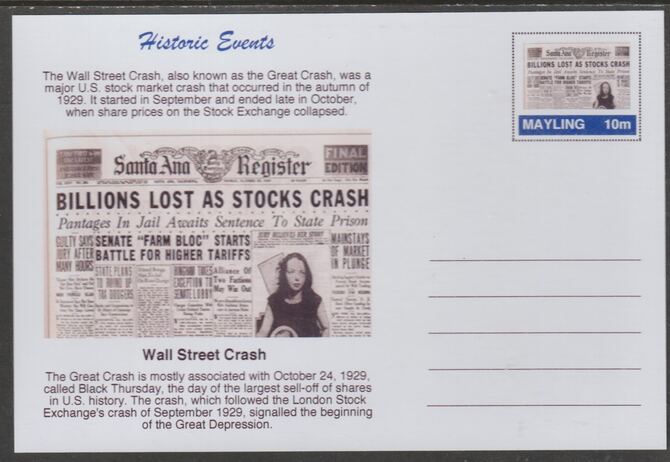 Mayling (Fantasy) Historic Events - Wall Street Crash - glossy postal stationery card unused and fine, stamps on finance, stamps on disasters