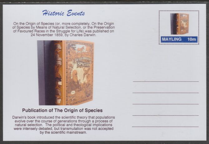 Mayling (Fantasy) Historic Events - Darwin's Origin of Species - glossy postal stationery card unused and fine, stamps on , stamps on  stamps on personalities, stamps on  stamps on darwin, stamps on  stamps on 