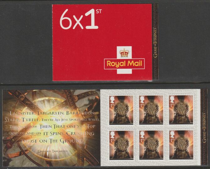 Great Britain 2018 Game of Thrones Booklet with 6 x 1st class stamps SG PM20, stamps on royalty, stamps on  tv , stamps on 
