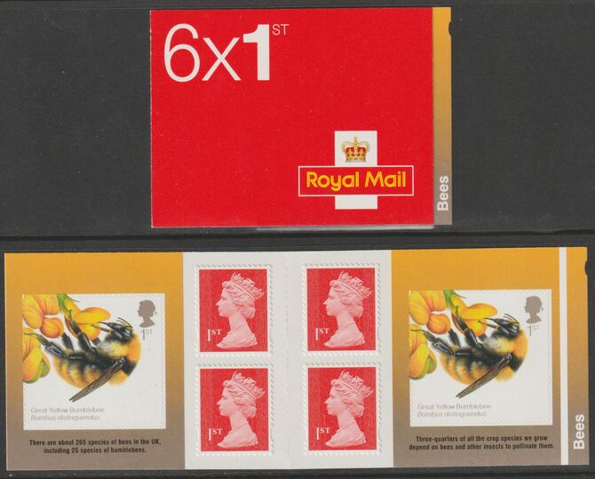 Great Britain 2015 Bees Booklet with 4 x 1st class definitives plus 2 x Bee stamps SG PM48, stamps on insects, stamps on bees, stamps on honey