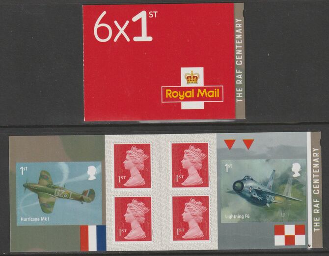 Great Britain 2018 RAF Centenary Booklet with 4 x 1st class definitives plus 2 x Aircraft stamps SG PM59, stamps on , stamps on  stamps on aviation, stamps on  stamps on  raf , stamps on  stamps on hurricane, stamps on  stamps on lightening