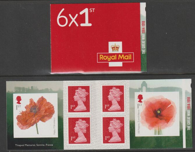 Great Britain 2018 The Great War Booklet with 4 x 1st class definitives plus 2 x Poppy stamps SG PM63, stamps on , stamps on  ww1 , stamps on poppies