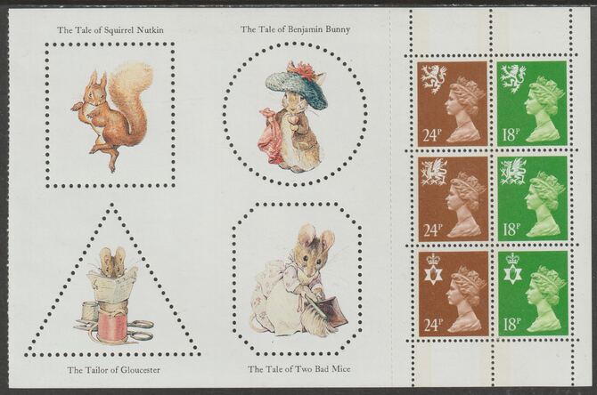 Great Britain 1993 Beatrix Potter Booklet pane containing 3 x 18p, 3 x 24p stamps and 4 perforated labels unmounted mint ex SG DX15 Prestige Booklet, stamps on literature, stamps on animals, stamps on squirrels, stamps on mice, stamps on rabbits, stamps on 