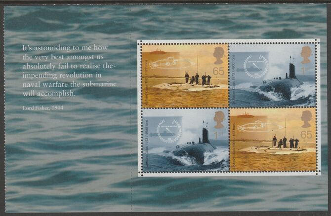 Great Britain 2001 Submarines Booklet pane containing 2 x 65p & 2 x 1st Class Submarine stamps unmounted mint ex Unseen & Unheard Prestige Booklet SG DX27, stamps on ships, stamps on submarines