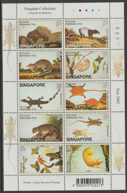 Singapore 2002 Natural Hstory - Animals & Reptiles perf sheetlet containing 10 values unmounted mint, SG1147-56, stamps on , stamps on  stamps on animals, stamps on  stamps on reptiles