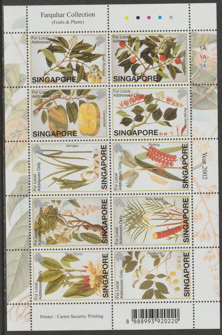 Singapore 2002 Natural Hstory - Fruits & Plants perf sheetlet containing 10 values unmounted mint, SG1157-66, stamps on fruit, stamps on plants