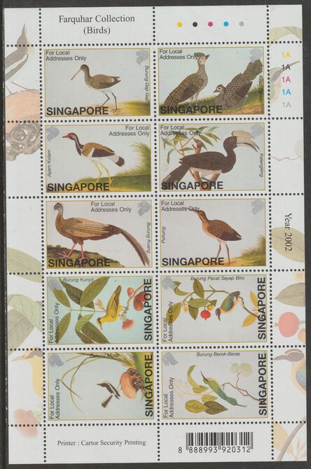 Singapore 2002 Natural Hstory - Birds perf sheetlet containing 10 values unmounted mint, SG1187-96, stamps on , stamps on  stamps on birds