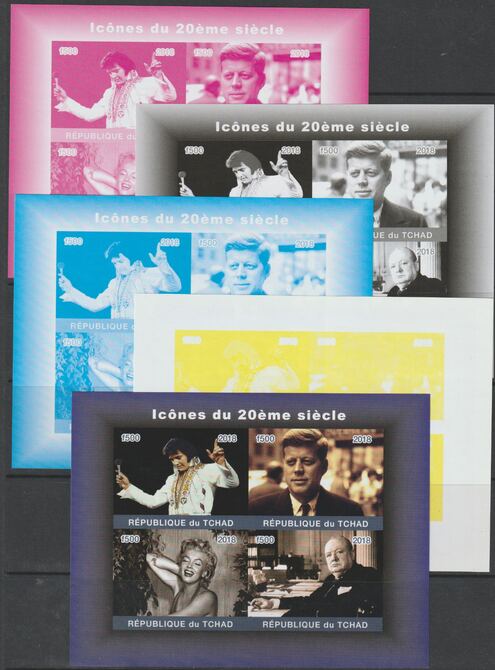 Chad 2018 Icons of 20th Century imperf sheet containing 4 values - imperf set of 5 progressive sheets comprising the 4 individual colours and completed design unmounted m..., stamps on personalities, stamps on  millennium, stamps on elvis, stamps on churchill, stamps on kennedy, stamps on marilyn