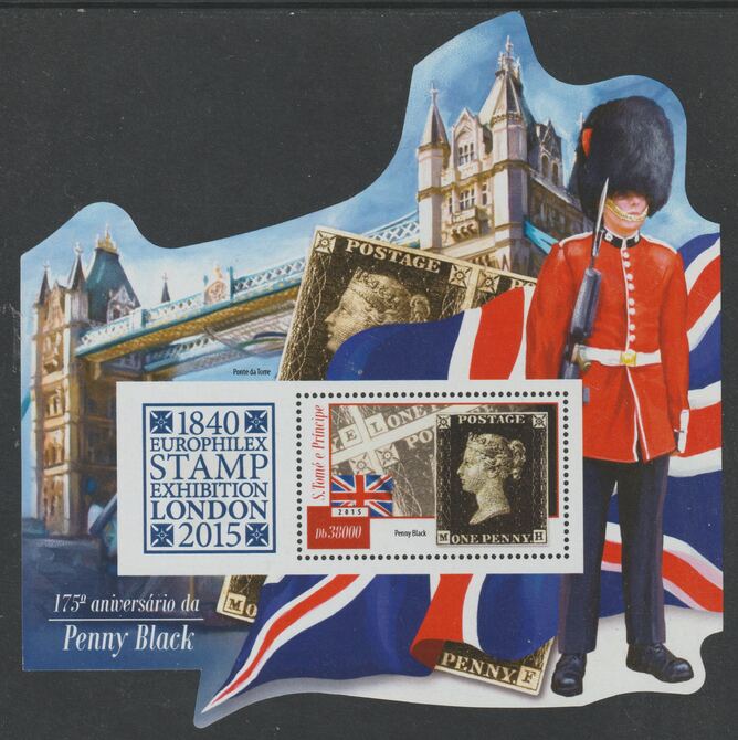 St Thomas & Prince Islands 2015 Europhilex Stamp Exhibition - Penny Black, shaped perf sheetlet containing 1 value  unmounted mint, stamps on stampex, stamps on stamp exhibitions, stamps on penny black, stamps on london, stamps on shaped