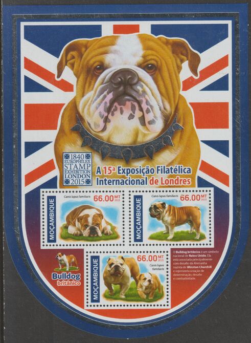 Mozambique 2015 Europhilex Stamp Exhibition - Dogs, shaped perf sheetlet containing 3 values  unmounted mint, stamps on , stamps on  stamps on stampex, stamps on  stamps on stamp exhibitions, stamps on  stamps on dogs, stamps on  stamps on bulldog, stamps on  stamps on shaped