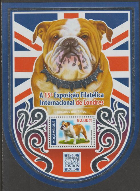 Mozambique 2015 Europhilex Stamp Exhibition - Dogs, shaped perf sheetlet containing 1 value  unmounted mint, stamps on , stamps on  stamps on stampex, stamps on  stamps on stamp exhibitions, stamps on  stamps on dogs, stamps on  stamps on bulldog, stamps on  stamps on shaped