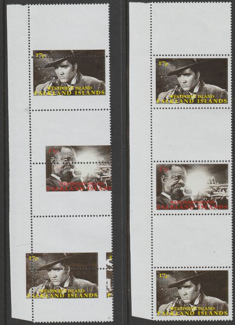 Westpoint Island (Falkland Islands) 1999 Elvis Presley & Louis Armstrong strip of 3 with perforations and centre stamp misplaced complete with normal, both unmounted mint, stamps on music, stamps on elvis, stamps on rock, stamps on pops, stamps on jazz, stamps on louis armstrong