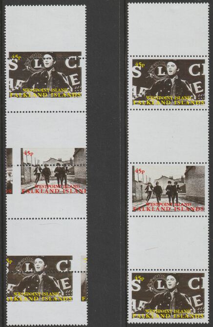 Westpoint Island (Falkland Islands) 1999 Elvis Presley & The Beatles strip of 3 with perforations and centre stamp misplaced complete with normal, both unmounted mint, stamps on music, stamps on elvis, stamps on rock, stamps on pops, stamps on beatles