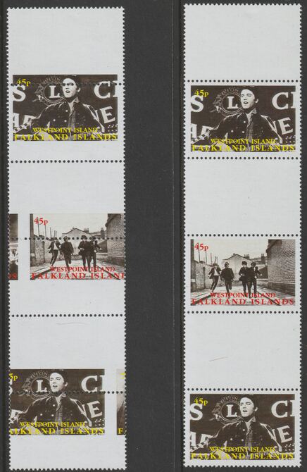 Westpoint Island (Falkland Islands) 1999 Elvis Presley & The Beatles strip of 3 with perforations and centre stamp misplaced complete with normal, both unmounted mint, stamps on , stamps on  stamps on music, stamps on  stamps on elvis, stamps on  stamps on rock, stamps on  stamps on pops, stamps on  stamps on beatles