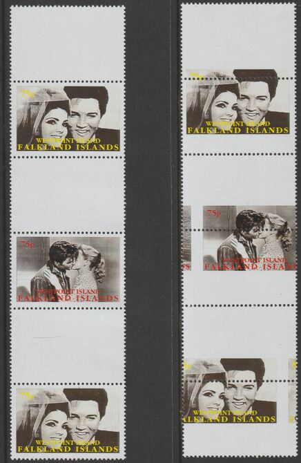 Westpoint Island (Falkland Islands) 1999 Elvis Presley & Pricilla strip of 3 with perforations and centre stamp misplaced complete with normal, both unmounted mint, stamps on , stamps on  stamps on music, stamps on  stamps on elvis, stamps on  stamps on rock, stamps on  stamps on pops, stamps on  stamps on 