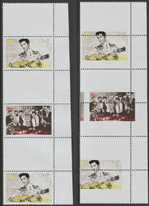 Westpoint Island (Falkland Islands) 1999 Elvis Presley & Scene from Film strip of 3 with perforations and centre stamp misplaced complete with normal, both unmounted mint, stamps on , stamps on  stamps on music, stamps on  stamps on elvis, stamps on  stamps on rock, stamps on  stamps on pops, stamps on  stamps on films