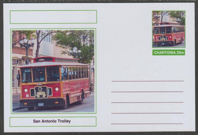 Chartonia (Fantasy) Buses & Trams - San Antonio Trolley postal stationery card unused and fine, stamps on transport, stamps on trams