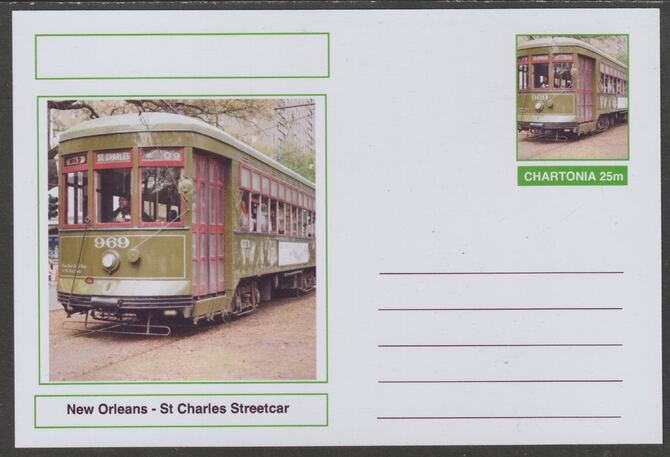 Chartonia (Fantasy) Buses & Trams - New Orleans - St Charles Streetcar postal stationery card unused and fine, stamps on transport, stamps on trams