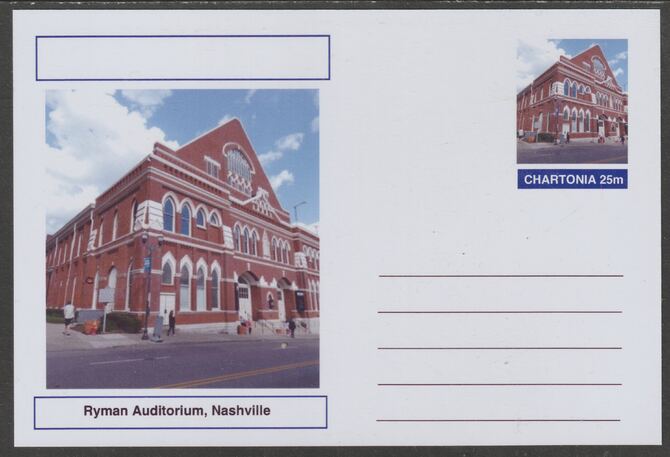 Chartonia (Fantasy) Landmarks - Ryman Auditorium, Nashville postal stationery card unused and fine, stamps on tourism, stamps on music, stamps on country