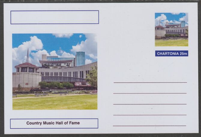 Chartonia (Fantasy) Landmarks - Country Music Hall of Fame, Nashville postal stationery card unused and fine, stamps on , stamps on  stamps on tourism, stamps on  stamps on music, stamps on  stamps on country