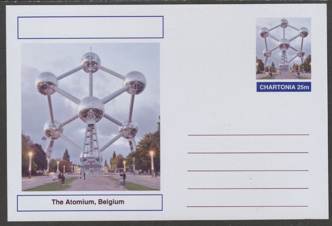 Chartonia (Fantasy) Landmarks - The Atomium, Belgium postal stationery card unused and fine, stamps on tourism, stamps on 
