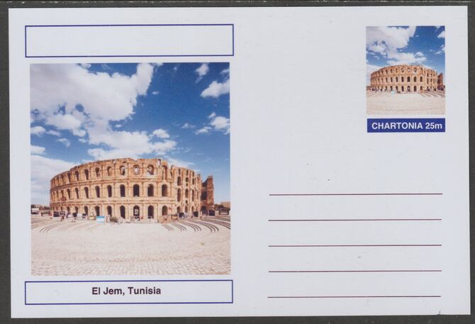 Chartonia (Fantasy) Landmarks - El Jem, Tunisia postal stationery card unused and fine, stamps on tourism, stamps on roman, stamps on architecture