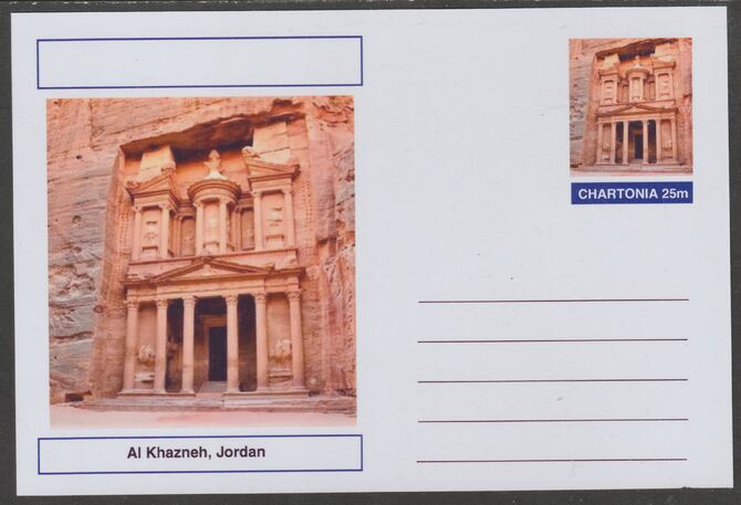 Chartonia (Fantasy) Landmarks - Al Khazneh, Jordan postal stationery card unused and fine, stamps on tourism, stamps on architecture