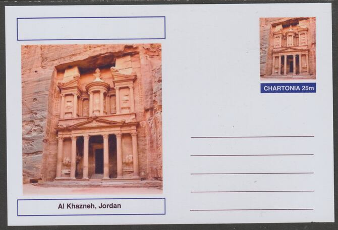 Chartonia (Fantasy) Landmarks - Al Khazneh, Jordan postal stationery card unused and fine, stamps on , stamps on  stamps on tourism, stamps on  stamps on architecture