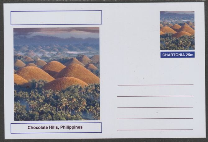 Chartonia (Fantasy) Landmarks - Chocolate Hills, Philippines postal stationery card unused and fine, stamps on tourism, stamps on 