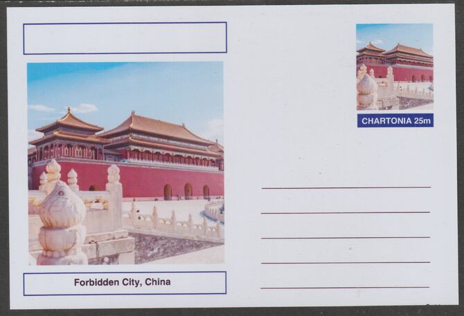 Chartonia (Fantasy) Landmarks - Forbidden City, China postal stationery card unused and fine, stamps on tourism, stamps on architecture