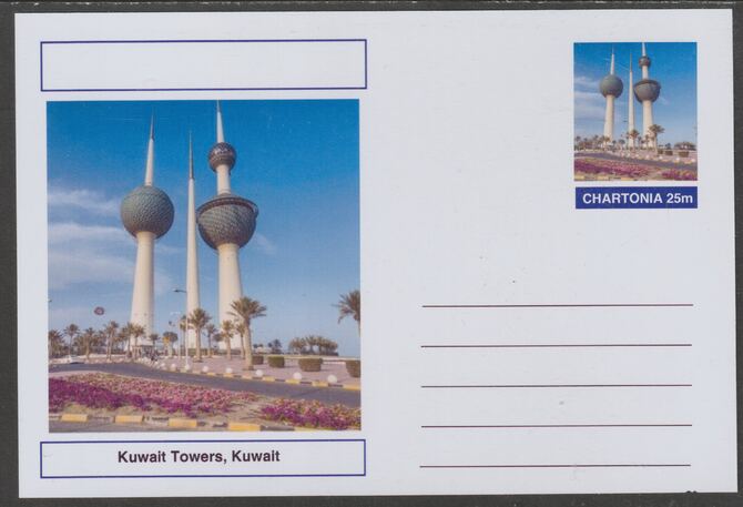 Chartonia (Fantasy) Landmarks - Kuwait Towers, Kuwait postal stationery card unused and fine, stamps on tourism, stamps on architecture