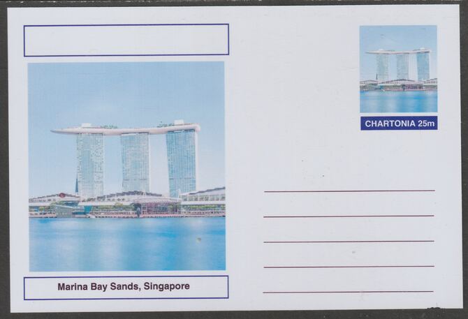 Chartonia (Fantasy) Landmarks - Marina Bay Sands, Singapore postal stationery card unused and fine, stamps on tourism, stamps on architecture