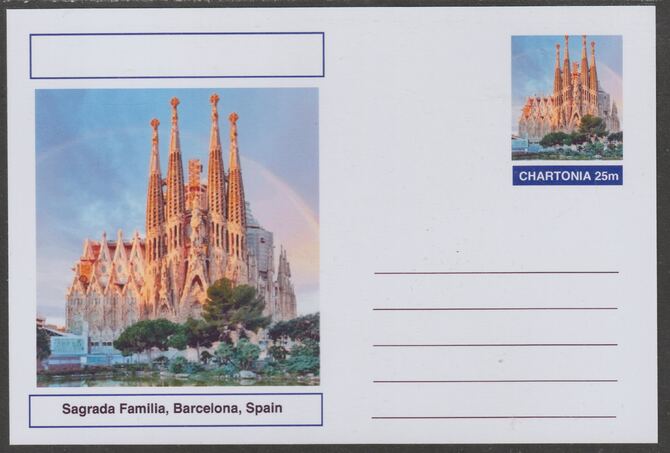 Chartonia (Fantasy) Landmarks - Sagrada Familia, Barcelona, Spain postal stationery card unused and fine, stamps on tourism, stamps on architecture, stamps on churches