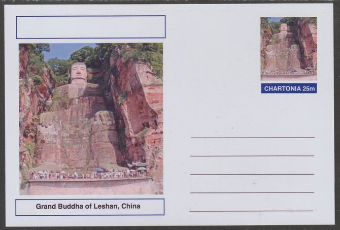 Chartonia (Fantasy) Landmarks - Grand Buddha of Leshan, China postal stationery card unused and fine, stamps on tourism, stamps on architecture, stamps on churches, stamps on buddha