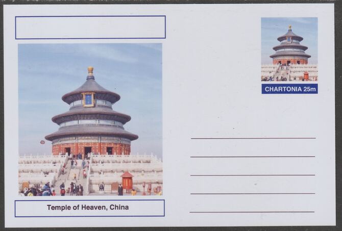 Chartonia (Fantasy) Landmarks - Temple of Heaven, China postal stationery card unused and fine, stamps on , stamps on  stamps on tourism, stamps on  stamps on architecture, stamps on  stamps on churches, stamps on  stamps on temples