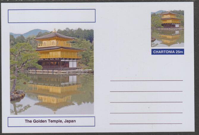 Chartonia (Fantasy) Landmarks - The Golden Temple, Japan postal stationery card unused and fine, stamps on tourism, stamps on architecture, stamps on churches, stamps on temples