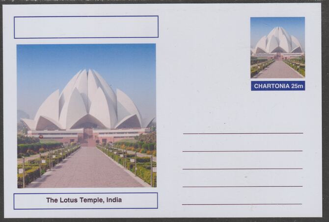 Chartonia (Fantasy) Landmarks - The Lotus Temple, India postal stationery card unused and fine, stamps on tourism, stamps on architecture, stamps on churches, stamps on temples