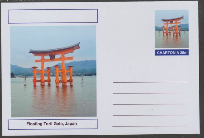Chartonia (Fantasy) Landmarks - The Floating Torii, Japan postal stationery card unused and fine, stamps on tourism, stamps on architecture, stamps on 