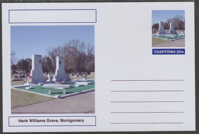 Chartonia (Fantasy) Landmarks - Hank Williams Grave, Montgomery postal stationery card unused and fine, stamps on tourism, stamps on music, stamps on country