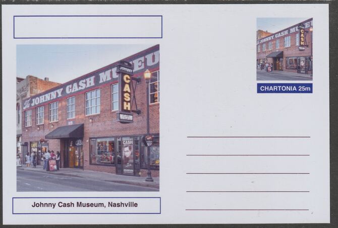 Chartonia (Fantasy) Landmarks - Johnny Cash Museum, Nashville postal stationery card unused and fine, stamps on , stamps on  stamps on tourism, stamps on  stamps on music, stamps on  stamps on country