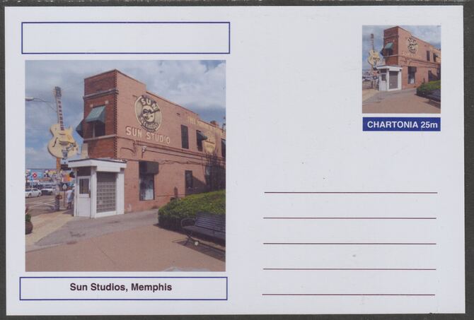Chartonia (Fantasy) Landmarks - Sun Studios, Memphis postal stationery card unused and fine, stamps on tourism, stamps on music, stamps on rock, stamps on pops, stamps on blues