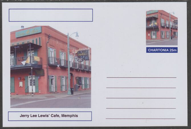 Chartonia (Fantasy) Landmarks - Jerry Lee Lewis' Cafe, Memphis postal stationery card unused and fine, stamps on , stamps on  stamps on tourism, stamps on  stamps on music, stamps on  stamps on rock, stamps on  stamps on pops, stamps on  stamps on blues