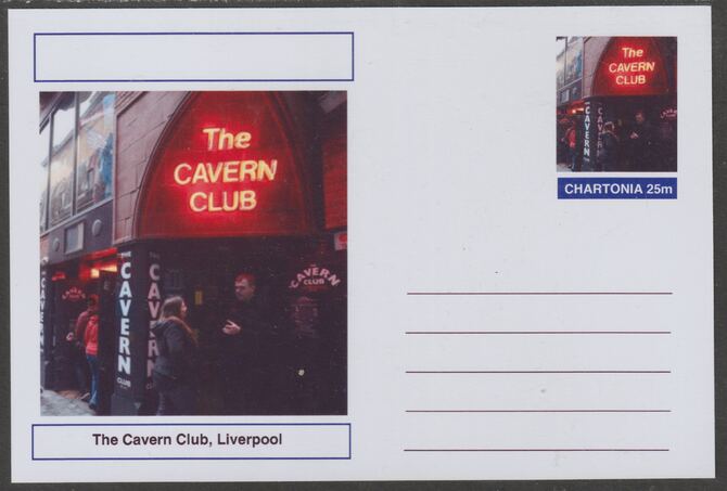 Chartonia (Fantasy) Landmarks - The Cavern Club, Liverpool postal stationery card unused and fine, stamps on tourism, stamps on music, stamps on pops, stamps on rock, stamps on beatles